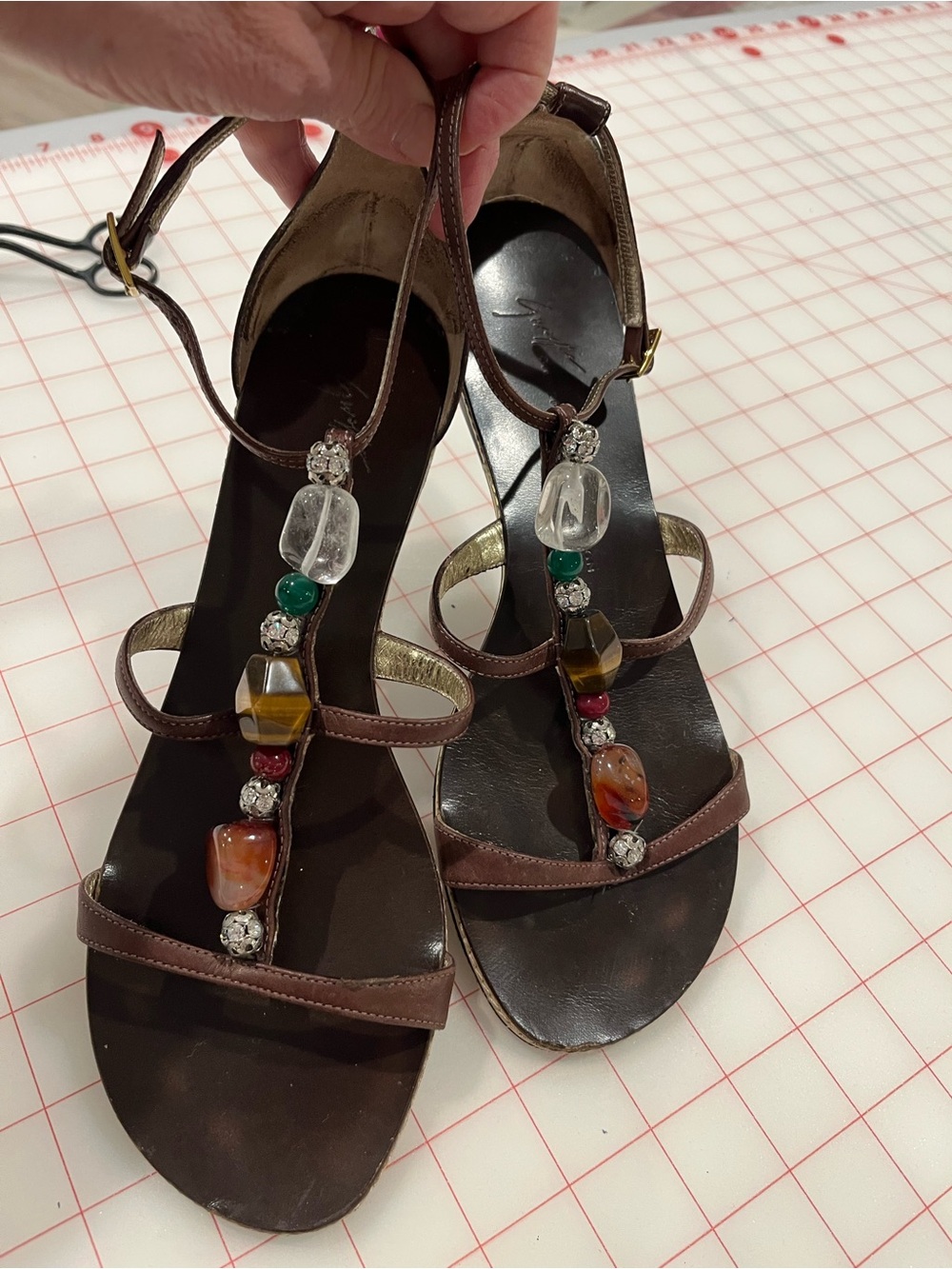 Giuseppe Zanotti Brown Leather T-Strap Sandals with Multicolor Bead Accents